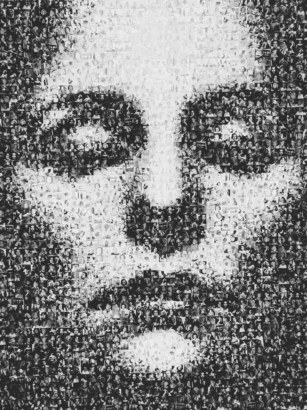 Black and white mosaic portrait of a face composed of numerous small vintage photographs of people.
