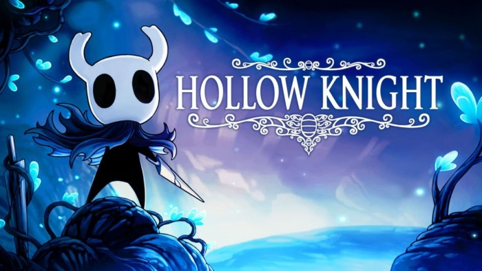 The title screen art for Hollow Knight video game. It shows the game's iconic protagonist - a small character with a white, horned mask - standing on a dark cliff edge against a dreamy blue and purple sky filled with glowing particles. The game's logo appears in elegant white text, decorated with intricate flourishes and a small bee emblem. The atmosphere is mystical and ethereal, with luminescent blue butterflies floating in the air.