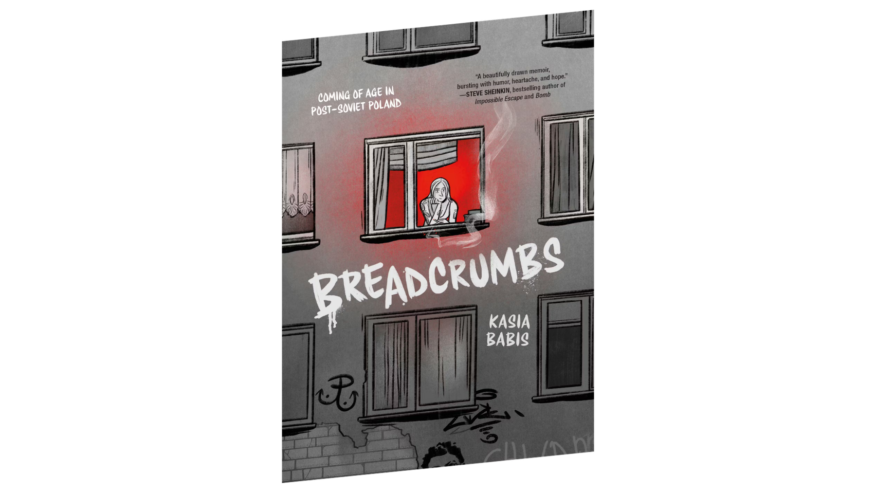 The cover of Breadcrumbs featuring a black and white look at the side of an apartment with many windows, the center one featuring the author smoking a cigarette in a red lit room.