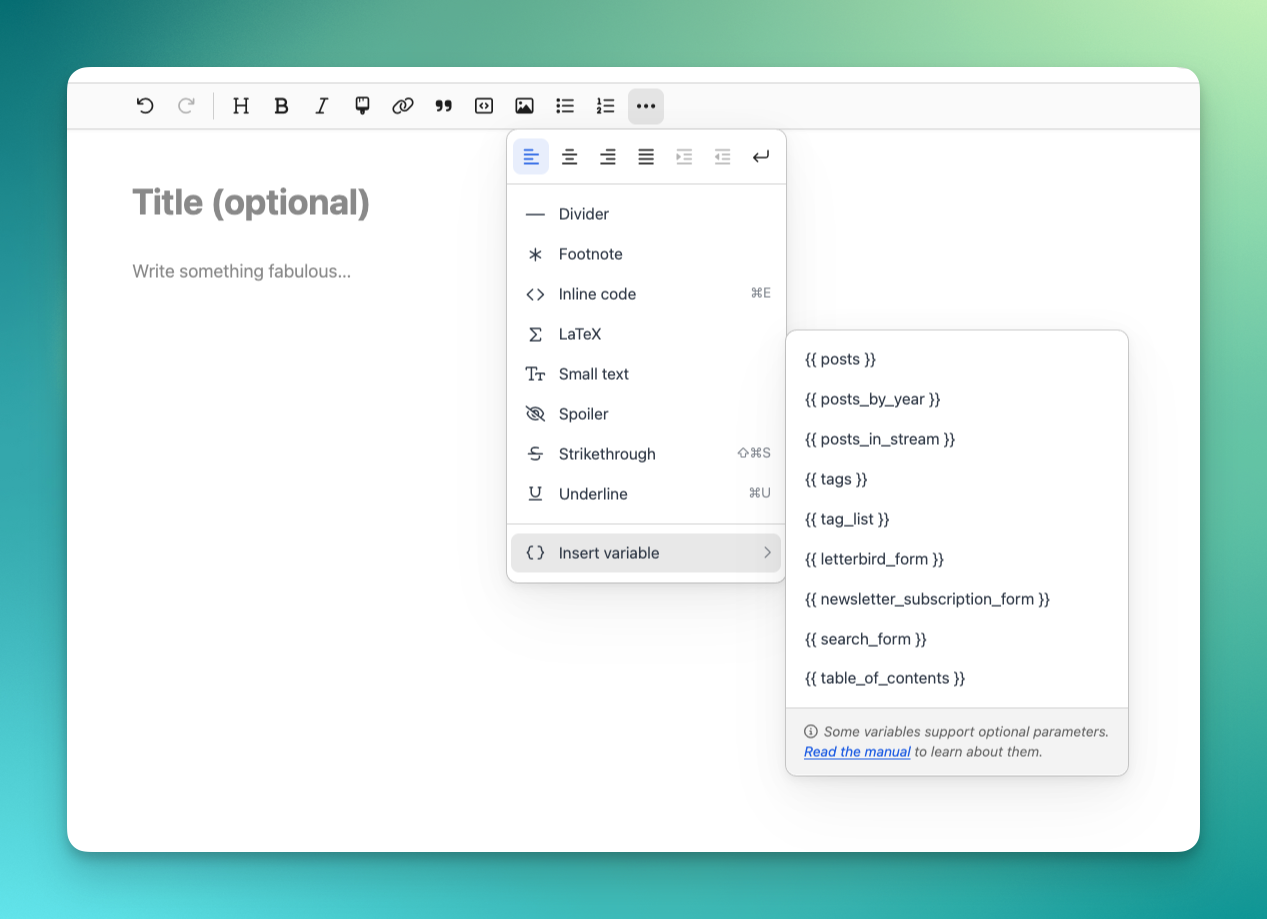 Screenshot of the new “Insert variable” toolbar button in Pika