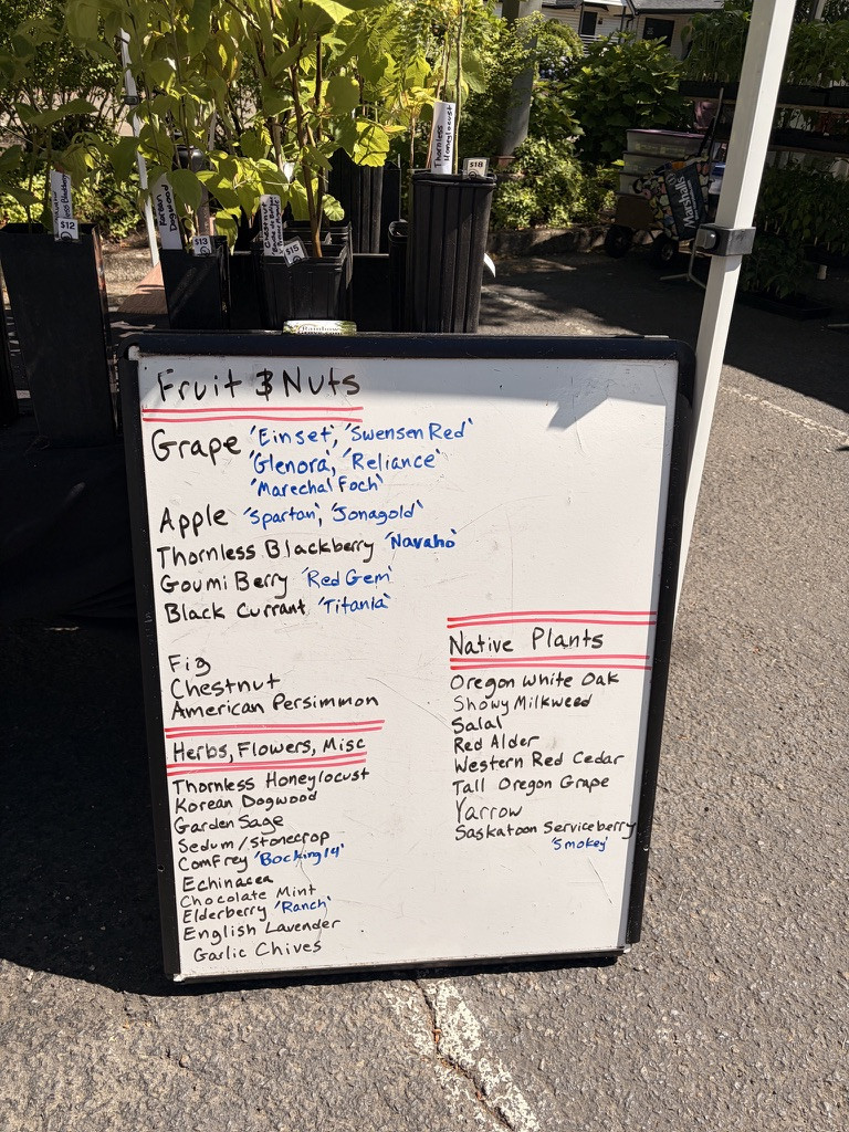 A sandwich board with lists of plants that you can buy from this vendor.