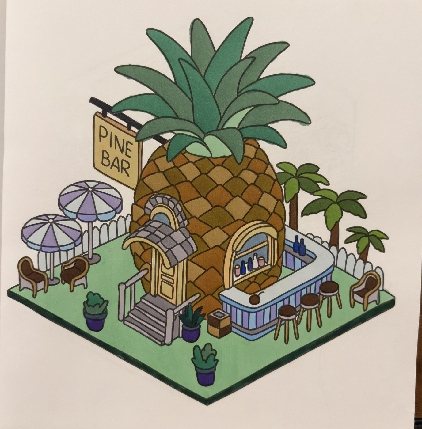 A colorful illustration of a pineapple-shaped bar with umbrellas, chairs, and palm trees on a green platform.