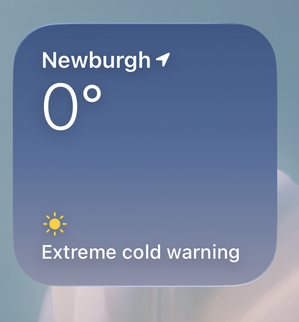 Blue weather card shows 0°C in Newburgh with a sun icon and "Extreme cold warning" text.