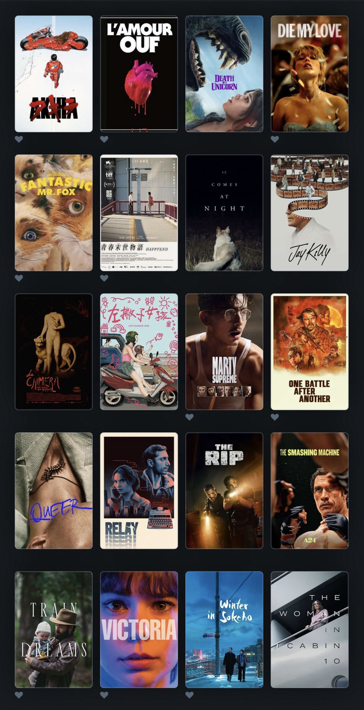 A dark interface showing a grid of film posters arranged in rows, featuring a wide mix of styles and genres, from colourful illustrated designs to dramatic photographic portraits, with visible titles such as Akira, Fantastic Mr. Fox, Die My Love and Winter in Sokcho, creating the impression of a curated film library or watchlist.