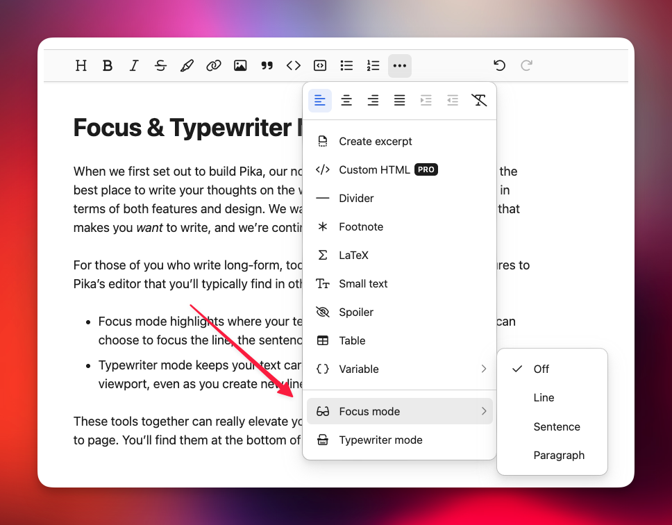 Screenshot of Pika’s editor showing the new Focus and Typewriter mode toggles