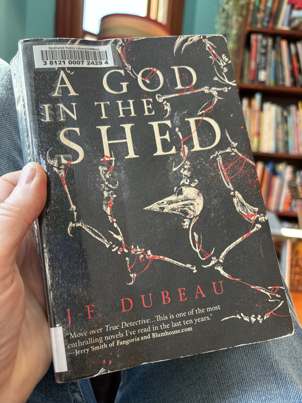 hand holding a paperback copy of the novel A God In the Shed