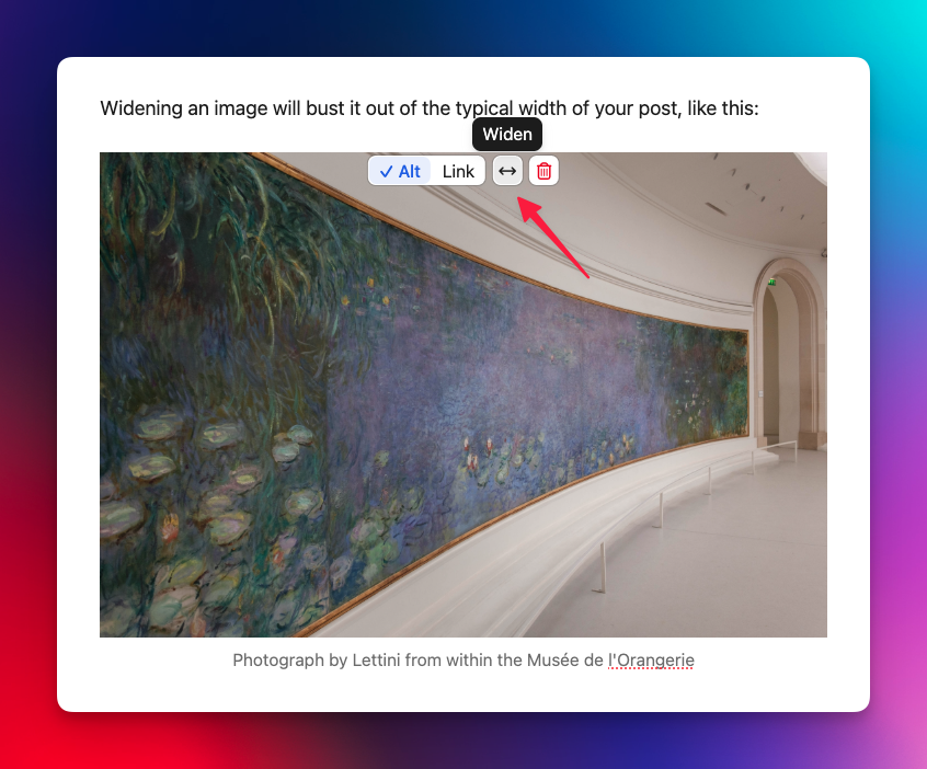 Screenshot pointing to the “Widen” option on images in Pika’s editor