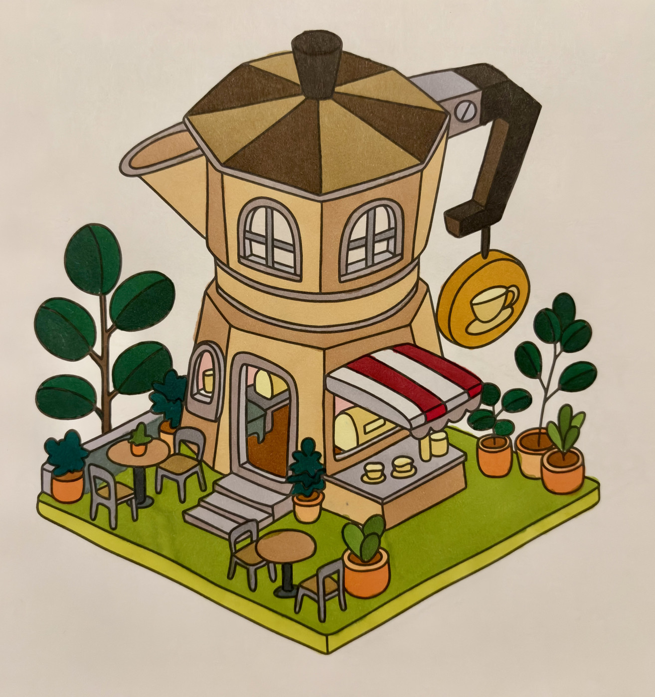 A whimsical coffee shop shaped like a moka pot, with outdoor seating, potted plants, and a red-and-white striped awning.