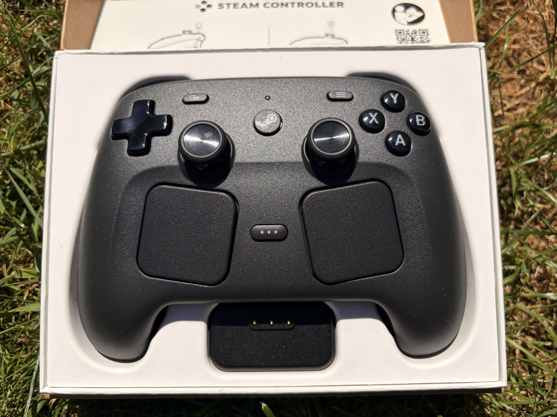 Steam Controller, sitting in some grass for some reason.