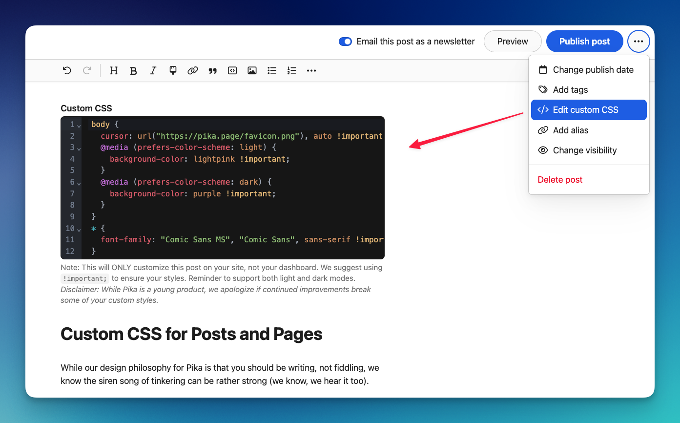 A screenshot showing where the "Edit custom CSS" option is in the Pika editor.