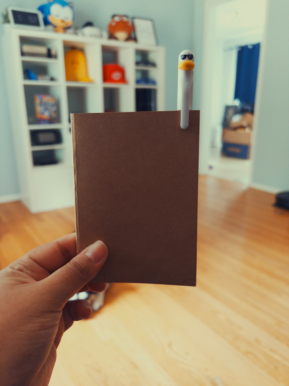 A snapshot of a passport sized tan notebook and pen with a duck face in front of a shelved unit of gaming consoles.