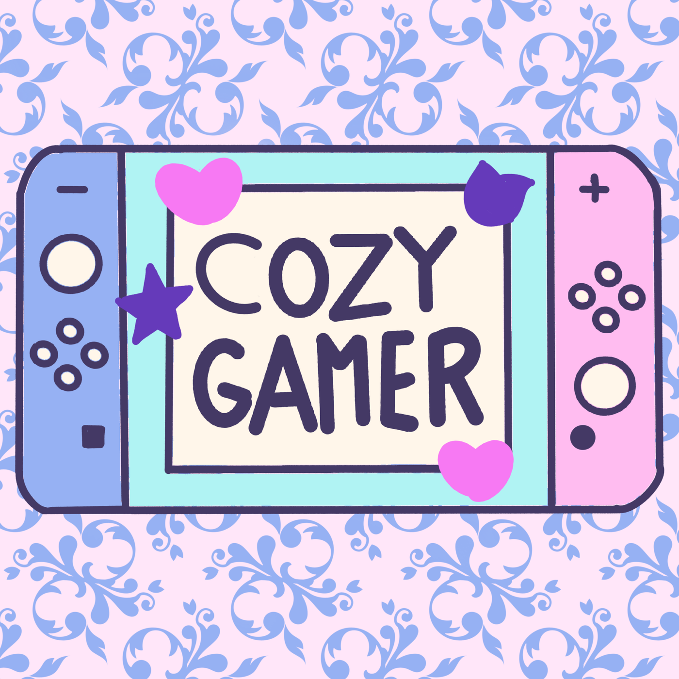 An illustration of a Switch gaming console in blue, teal and pink with the words “cozy gamer” and some hearts and stars on the face.