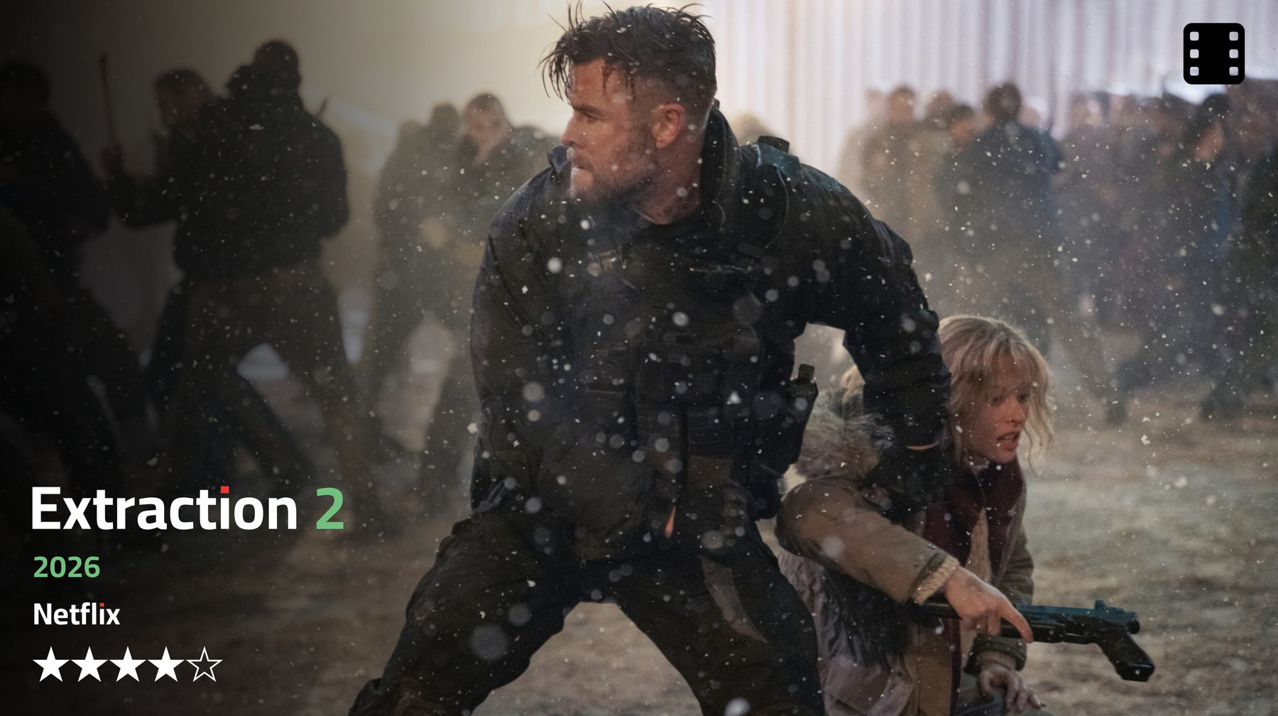 A promotional image features two people in the foreground amidst falling white particles. The person in the center wears dark clothing and is looking toward the left. Partially behind them, another person in a light-c light-colored jacket holds a small handgun pointing towards the right. In the background, a crowd of blurry figures is visible under dim lighting. Text at the bottom left reads “Extraction 2”, “2026″, and “Netflix”, accompanied by four filled stars and one empty star.