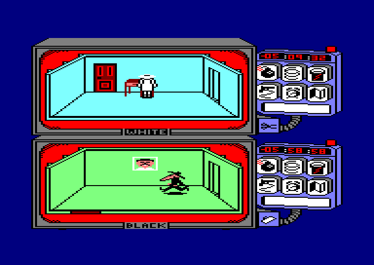 Screenshot of the retro *Spy vs. Spy* video game showing split-screen rooms for the white spy and black spy, with inventory panels and countdown timers on the right.