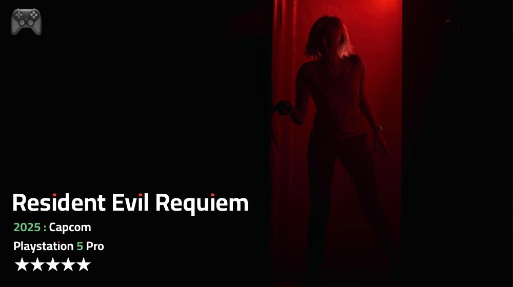 Silhouette of a woman standing in a doorway bathed in deep red light, creating a tense, horror atmosphere. On the left, text reads &ldquo;Resident Evil Requiem,&rdquo; with &ldquo;2025: Capcom,&rdquo; &ldquo;PlayStation 5 Pro,&rdquo; and a five-star rating beneath.