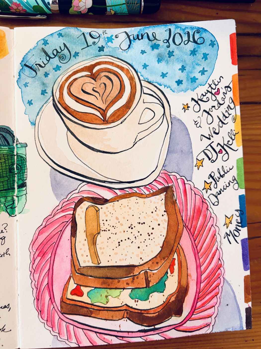 Pen and ink watercolor sketch of a mocha and sandwich, and the date Friday 19 June across the top, and some topics of conversation.