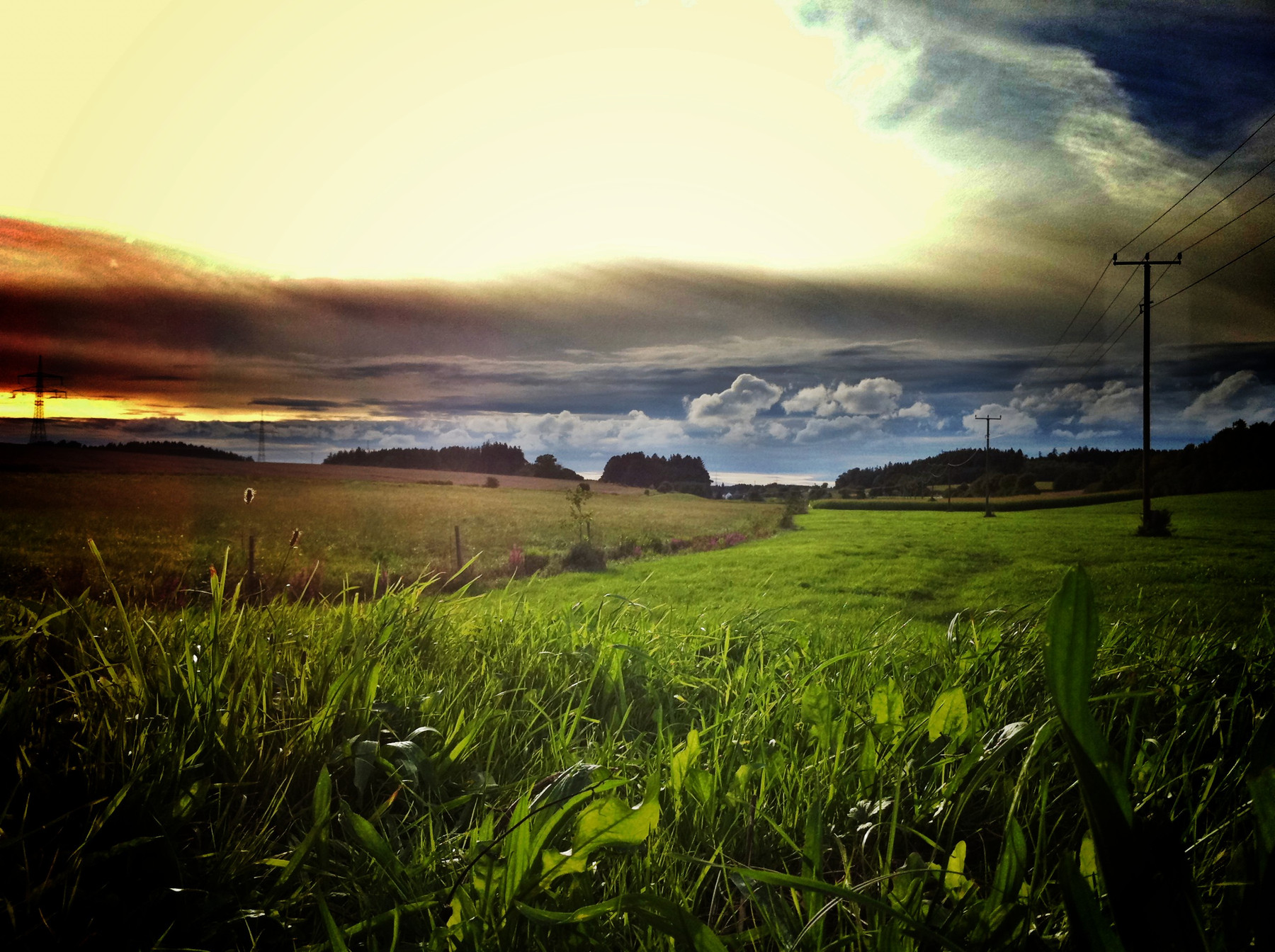 Eine weite, ländliche Landschaft, aufgenommen aus einer sehr niedrigen Perspektive im hohen, leuchtend grünen Gras. Im Mittelgrund erstrecken sich sanft hügelige Felder und Wiesen, die am Horizont von dunklen Baumreihen und Waldstücken begrenzt werden. Auf der rechten Seite verläuft eine Stromleitung mit Holzpfosten über die Felder, auf der linken Seite ist in der Ferne ein großer Strommast zu erkennen. Der Himmel ist dramatisch und kontrastreich: Im oberen Zentrum bricht ein grelles, stark leuchtendes Licht durch eine massive, dunkle Wolkenfront, während am linken Horizont ein rötlich-gelbes Abend- oder Morgenrot zu sehen ist.