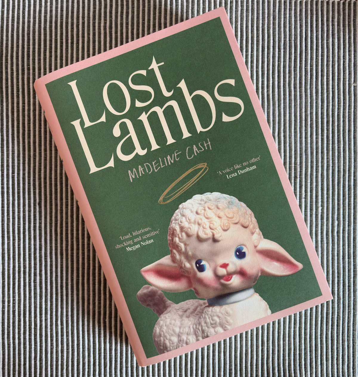 Book cover of ‘Lost Lambs’ by Madeline Cash, featuring a green background with a pink border and a vintage-style toy lamb with blue eyes and a small halo above its head, photographed on a striped fabric surface.