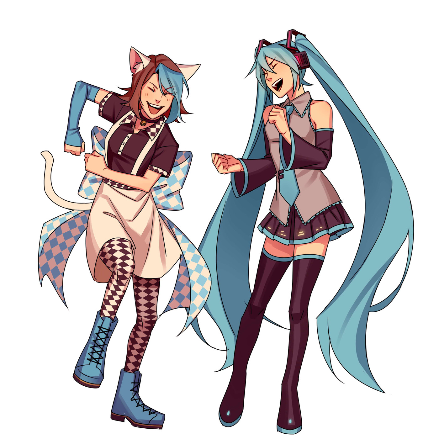 A ska themed cat girl teaches Hatsune Miku the ska dance