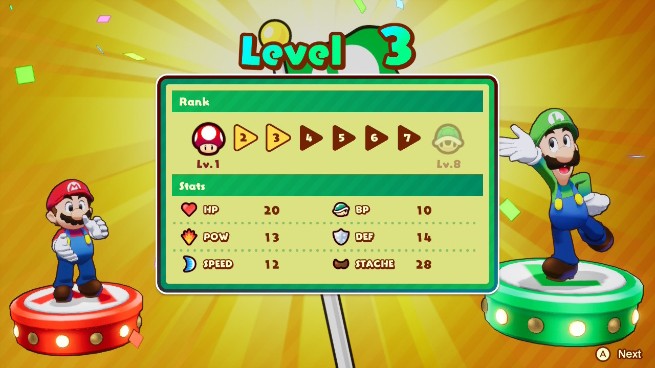 Two Mario characters on platforms, one at level 1, the other at level 8, displaying stats like HP, POW, and SPEED on a bright yellow background.