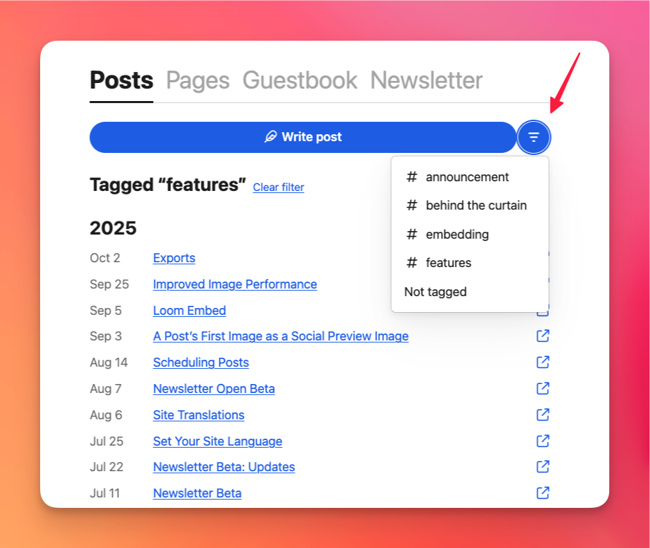 Pika's new tag filter dropdown in the dashboard