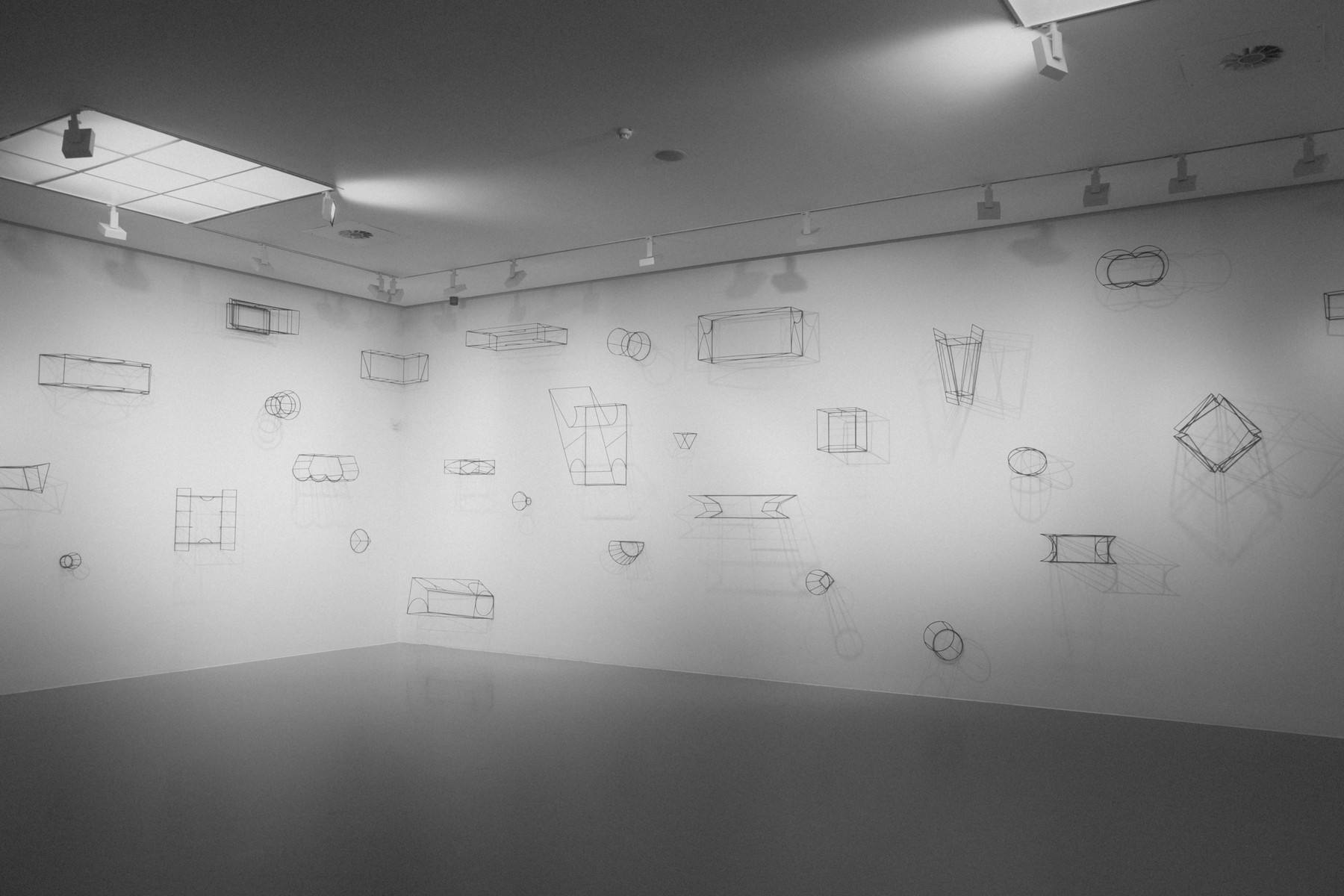 Black-and-white photo of a gallery wall covered with numerous thin, wireframe drawings of 3D geometric shapes (cubes, cylinders, cones, prisms) in perspective. Overhead track lighting and square ceiling panels cast soft shadows, creating a stark, high-contrast installation.