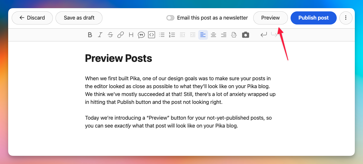 Screenshot of Pika's editor showing the location of the Preview Post button