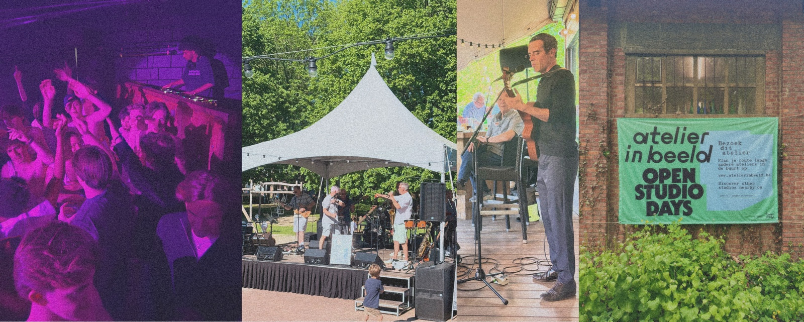 A triptych-style collage of live music scenes: left panel shows a crowded venue with purple lighting and people dancing. Middle panel depicts an outdoor stage under a white canopy, with musicians performing and a small child standing on the steps at the front, trees and string lights in the background. Right panel features a man playing guitar on a stage next to a brick wall and a large green banner reading “atelier in beeld OPEN STUDIO DAYS,” with greenery in the foreground.