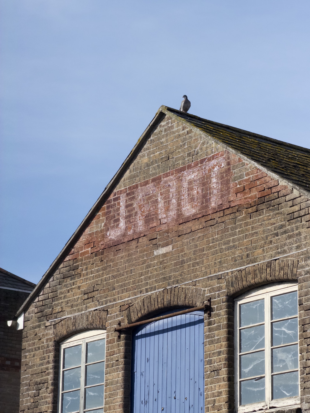 A brick building with a blue door and two windows under a clear blue sky. A pigeon sits on the roof. The mood is calm and quiet.