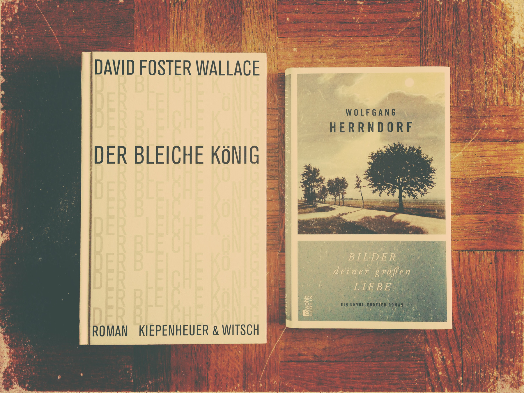Auf einem dunklen, gemusterten Holzboden (ähnlich einem Parkett) liegen zwei Bücher nebeneinander. Links befindet sich die deutsche Ausgabe von „Der bleiche König“ von David Foster Wallace (Kiepenheuer & Witsch) mit dem weißen, typografisch gestalteten Cover. Rechts daneben liegt der unvollendete Roman „Bilder deiner großen Liebe“ von Wolfgang Herrndorf (Rowohlt Berlin); dessen Cover zeigt eine weite, idyllische Landschaft mit Bäumen entlang eines Weges unter einem hellen Himmel. Das Foto wurde mit einem deutlichen Retro-Filter bearbeitet, der dem Bild warme, sepia-artige Farbtöne, künstliche Kratzer und eine nostalgische Textur verleiht.