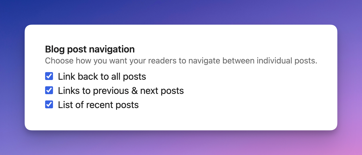 A screenshot of the new "Blog post navigation" options in Pika's Settings