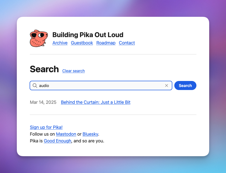 Screenshot of an example of search on our Pika site