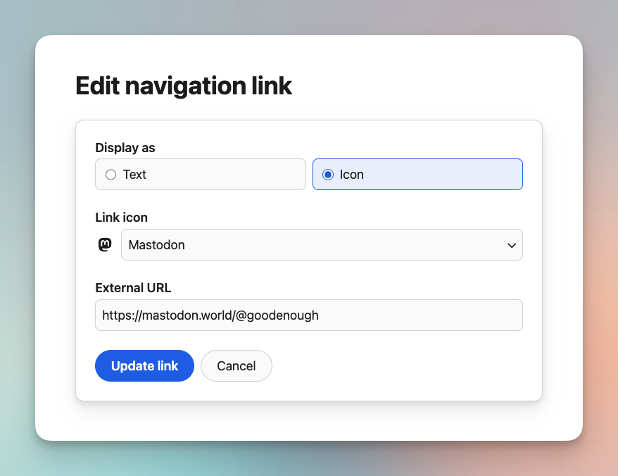 Screenshot showing you can use an icon when adding a navigation link
