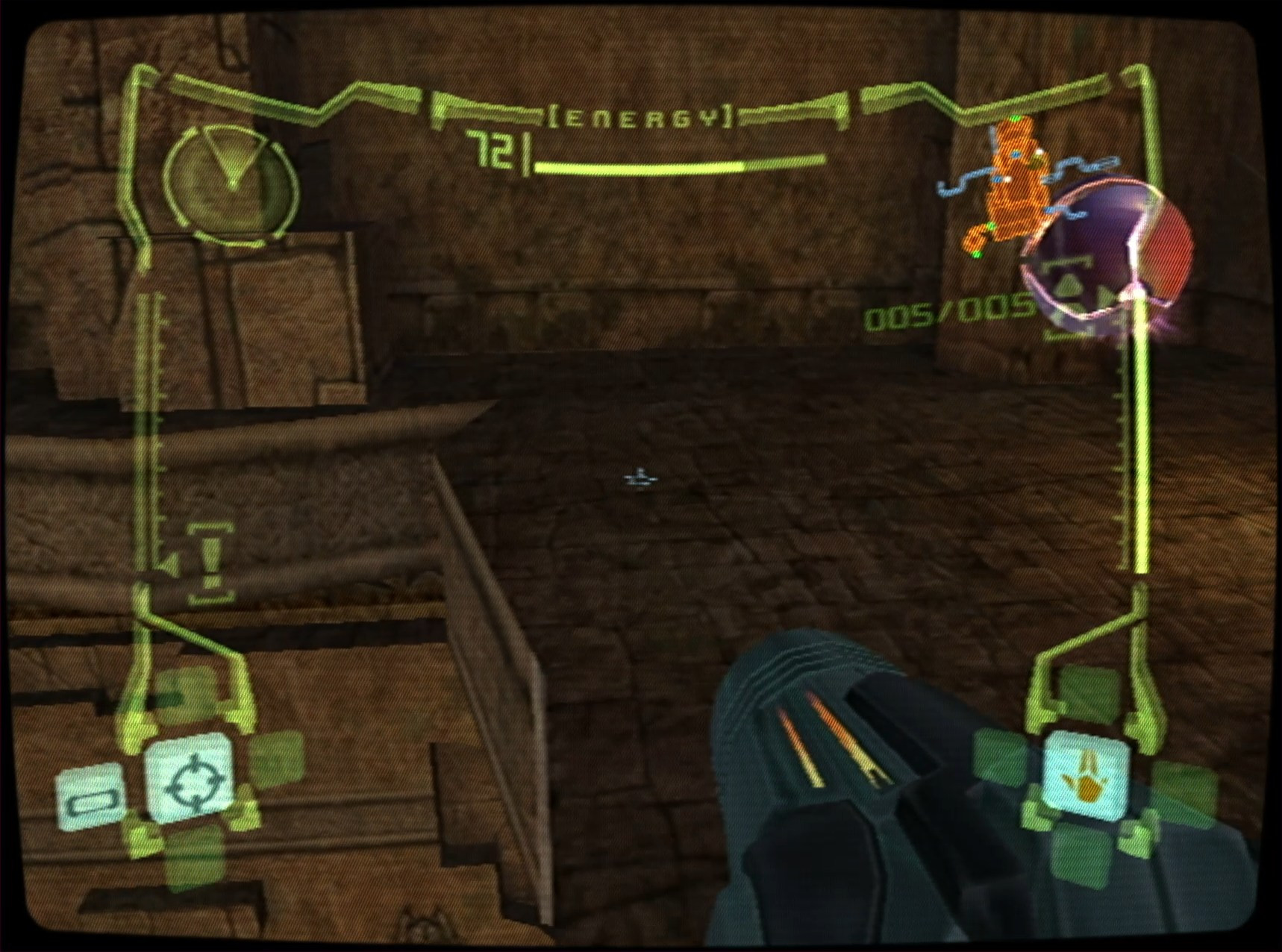 Metroid Prime Screenshot. The player is in Chozo Ruins Main Plaza on the grapple ledge, where the Morph Ball is. In the original, there was just a Missile Expansion.