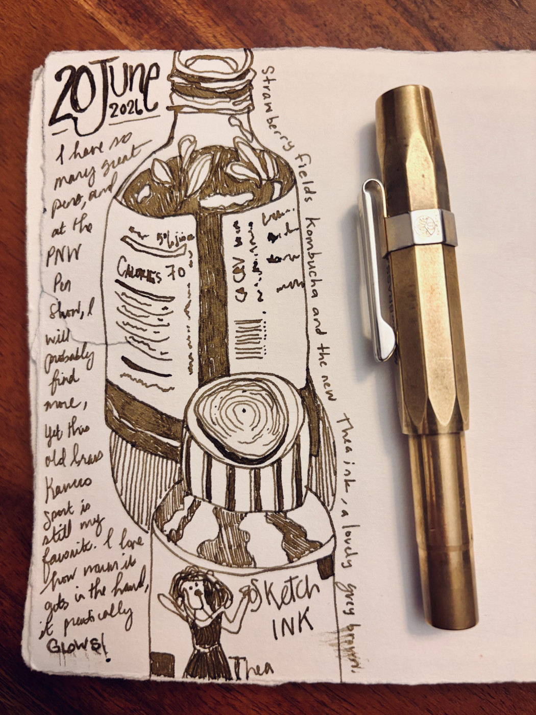 Pen and ink sketch with a warm brown-green ink, showing the back of a kombucha bottle and the front of a bottle of ink.