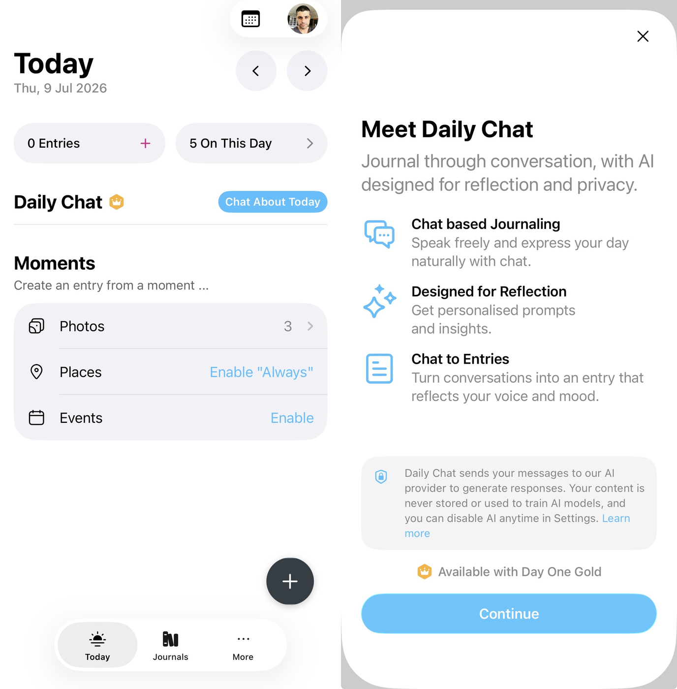 Two iPhone screenshots from the Day One journaling app: the main Today view showing zero entries; the Daily Chat feature with a gold crown icon; and Moments prompts for Photos, Places, and Events, alongside a feature introduction screen for Daily Chat describing AI-assisted conversational journaling available with a Day One Gold subscription.