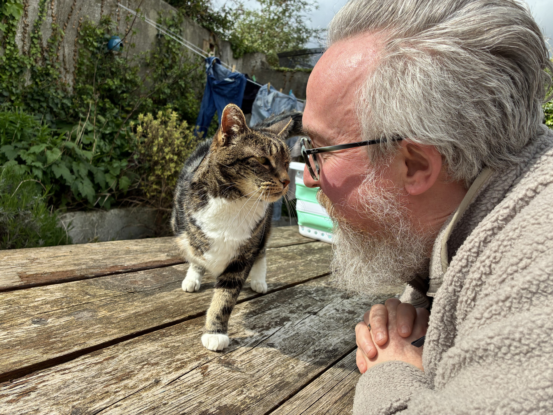 A man leaning close to a tabby cat on a wooden table outdoors, facing each other in a garden setting.