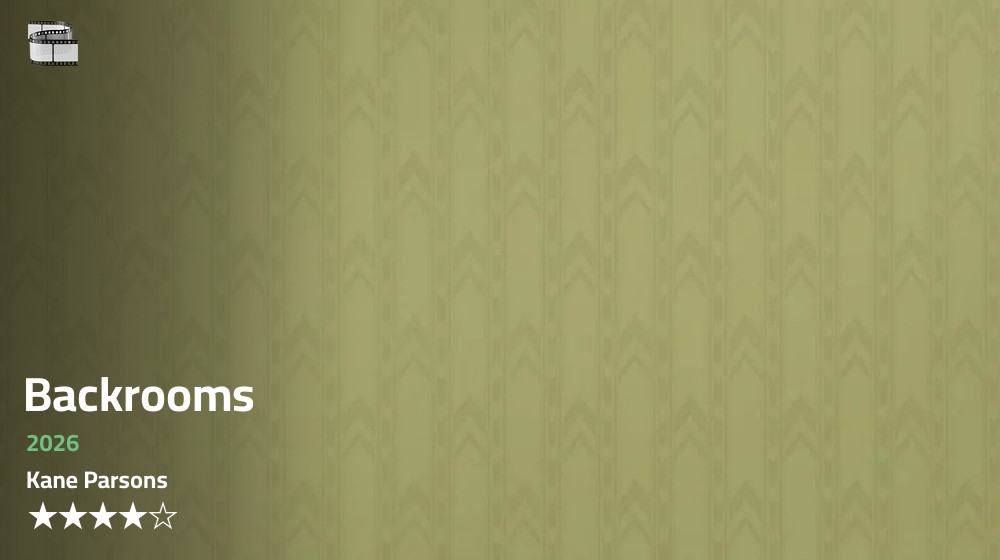 A graphic with a muted yellow background featuring a repetitive, vertical chevron pattern. In the top left corner, there is a small white icon of a film strip. In the bottom left corner, white text reads “Backrooms”, “2026″, and “Kane Parsons”. Below the text are five stars, with the first four being solid white and the fourth being an outline indicating a 4/5 score.