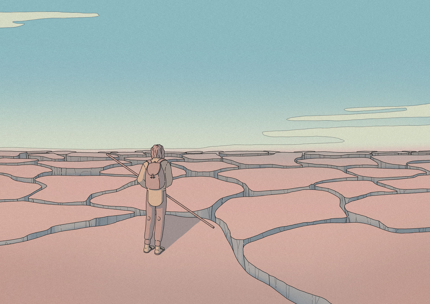 Eine im Comic-Stil gezeichnete Illustration einer einsamen Person von hinten, die über eine weite, karge Landschaft blickt. Die Person trägt einen Rucksack, helle Kleidung und hält einen langen Wanderstab quer hinter dem Rücken. Der rosabraune Boden ist flächendeckend von tiefen Rissen durchzogen und in große, flache Schollen aufgebrochen, die sich bis zum fernen Horizont erstrecken. Darüber wölbt sich ein Himmel in sanften Pastellfarben, der von Hellblau im oberen Bereich zu einem blassen Gelb an der Horizontlinie verläuft und von wenigen dünnen, flachen Wolken durchzogen ist.