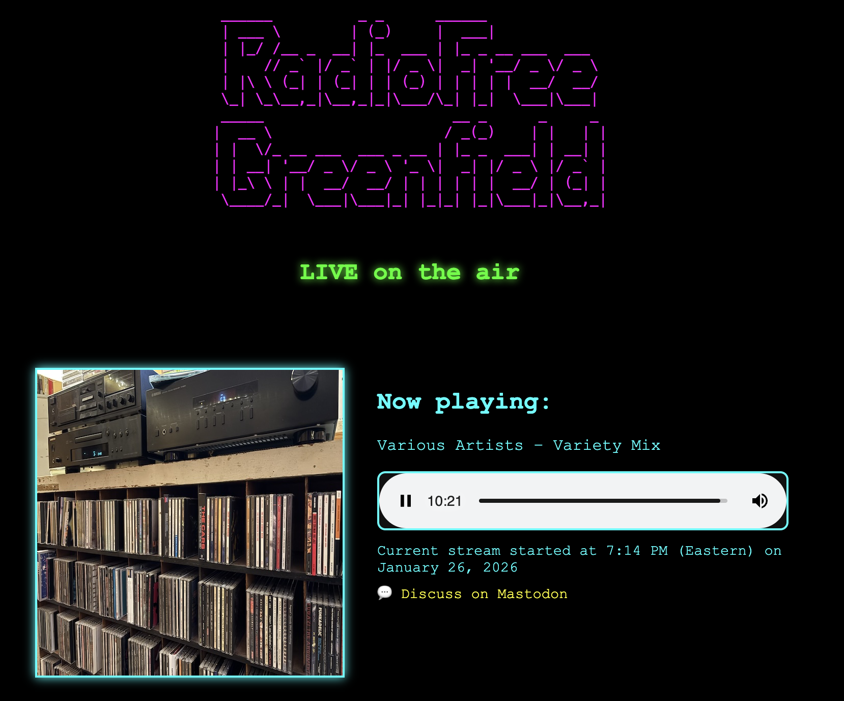 screenshot of a variety mix streaming session on Radio Free Greenfield