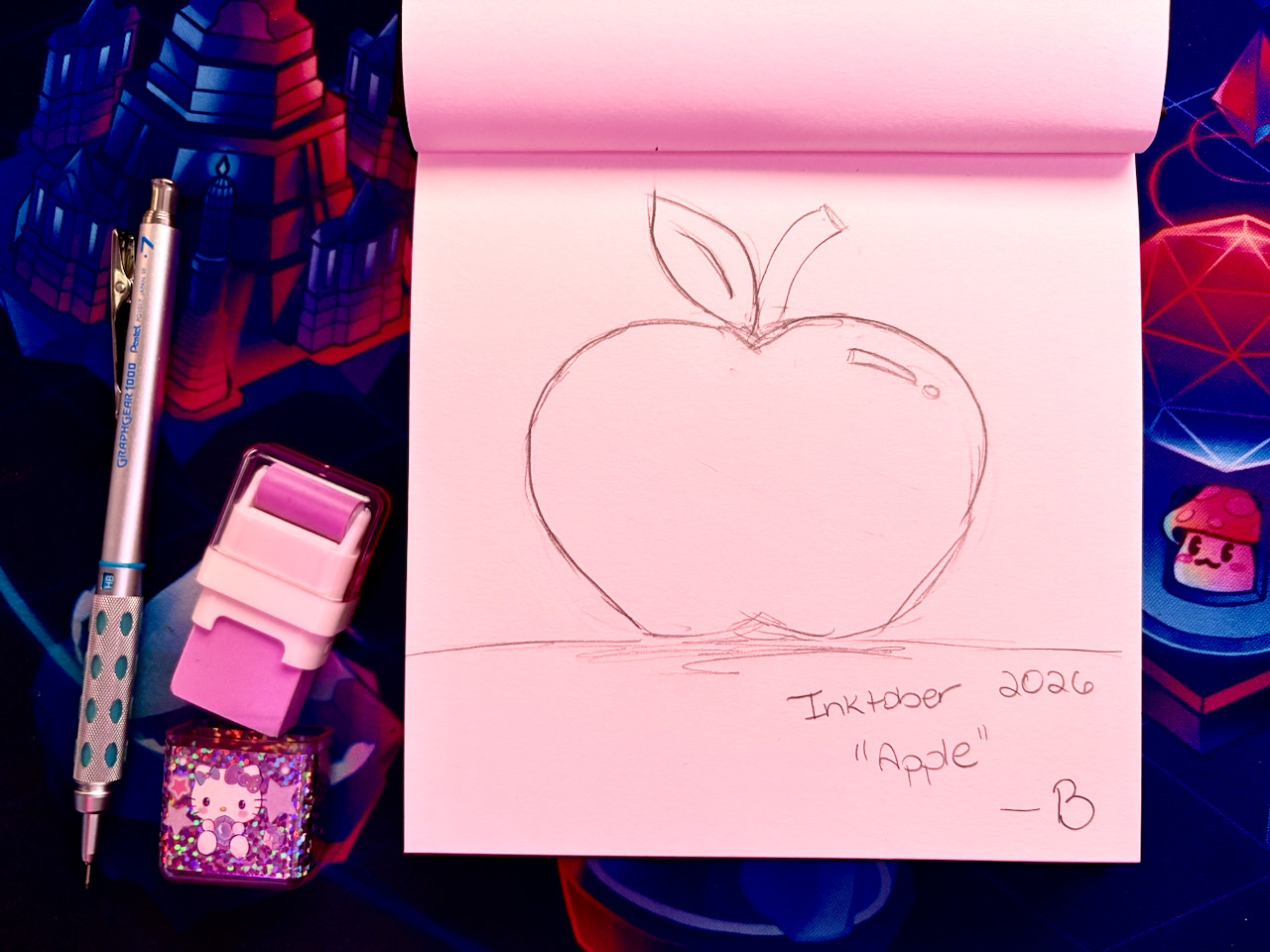 A drawing of an apple, alongside a silver and blue mechnical pencil and purple Hello Kitty eraser.