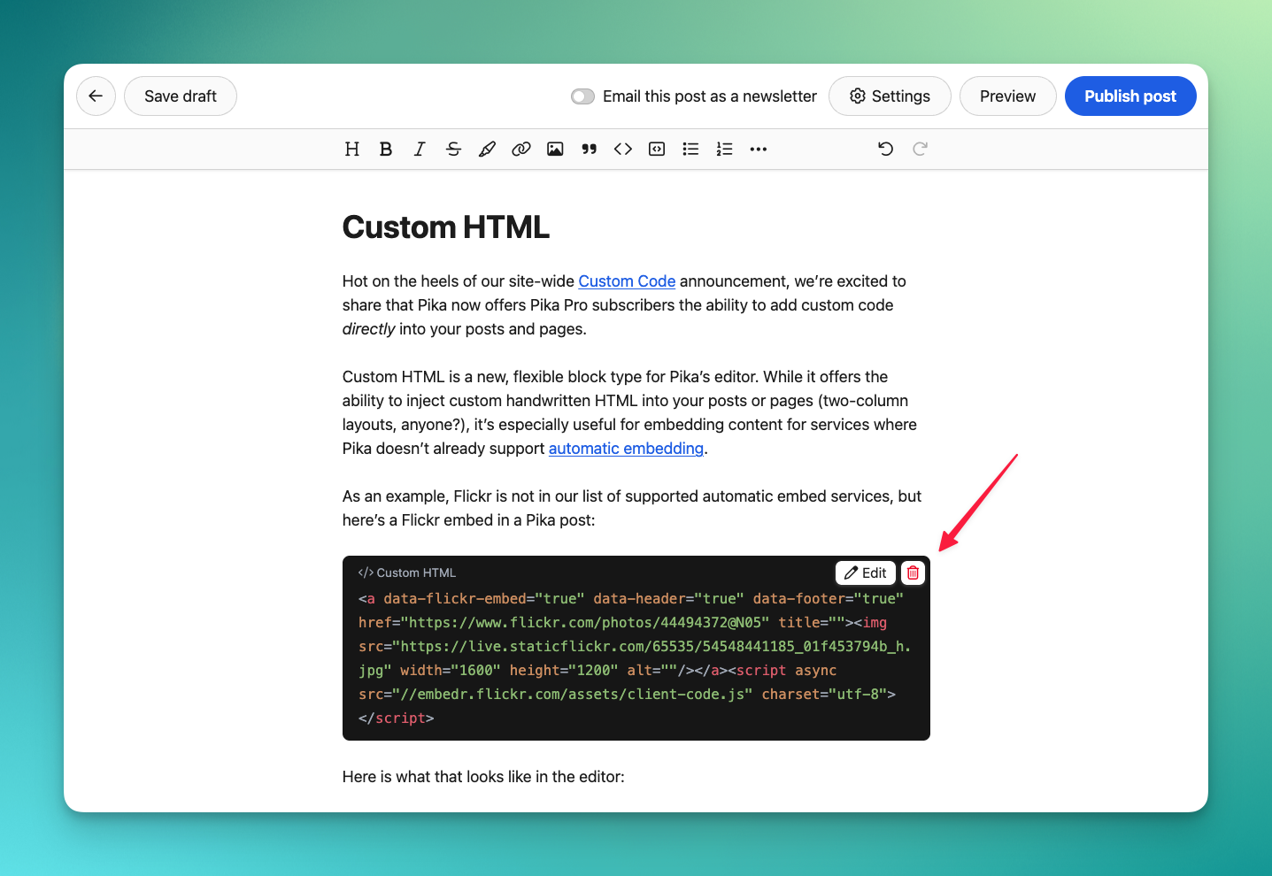 Screenshot of Pika’s editor with a custom html code embed