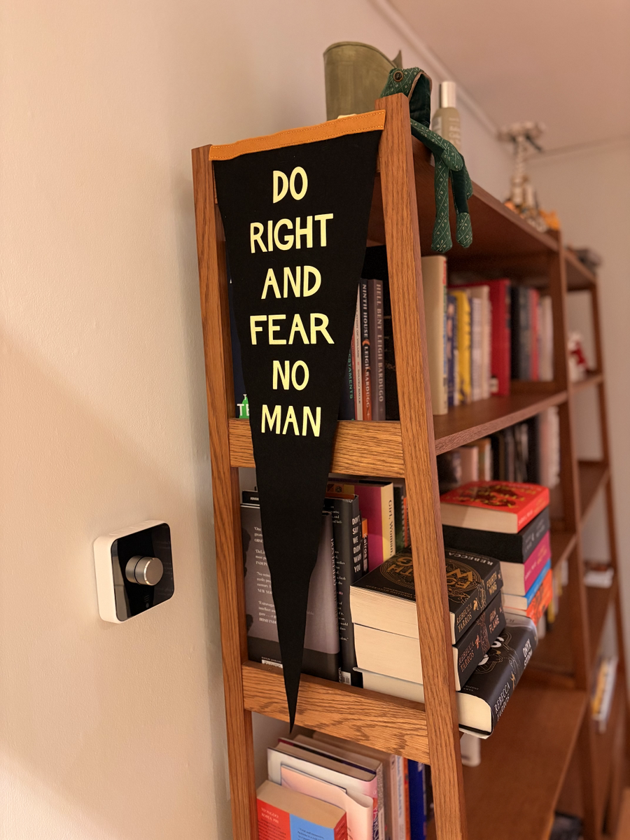 Black triangular banner hanging from a wooden bookcase with the words “DO RIGHT AND FEAR NO MAN” in yellow letters, surrounded by shelves of books in a home interior.