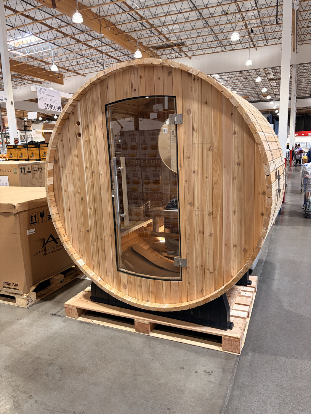 A wooden sauna, shaped like a barrel.