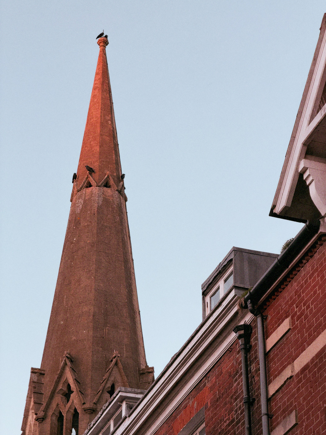 Tall church spire with birds perched near its base, seen against a clear sky beside a red-brick building.
