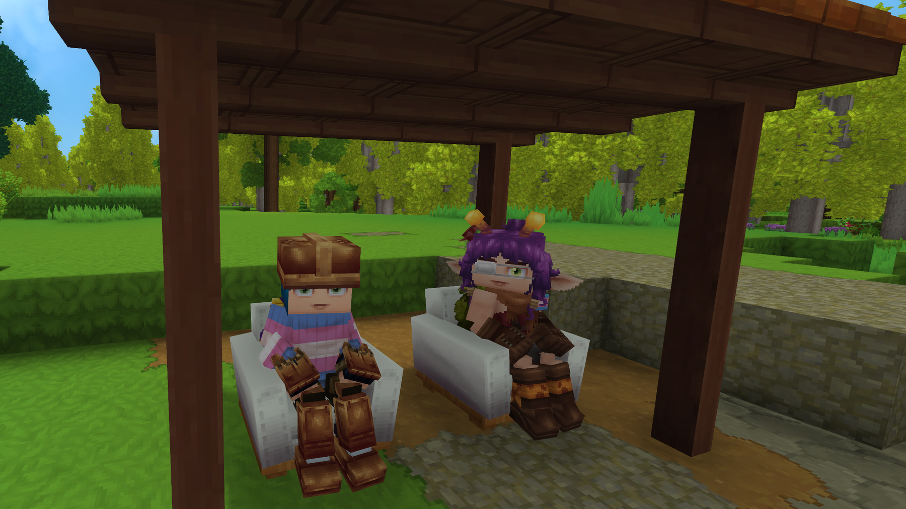 Two characters in Hytale set under a shed in white fancy chairs. One wearing a lot of bronze gear, the other has purple hair and an eye patch.