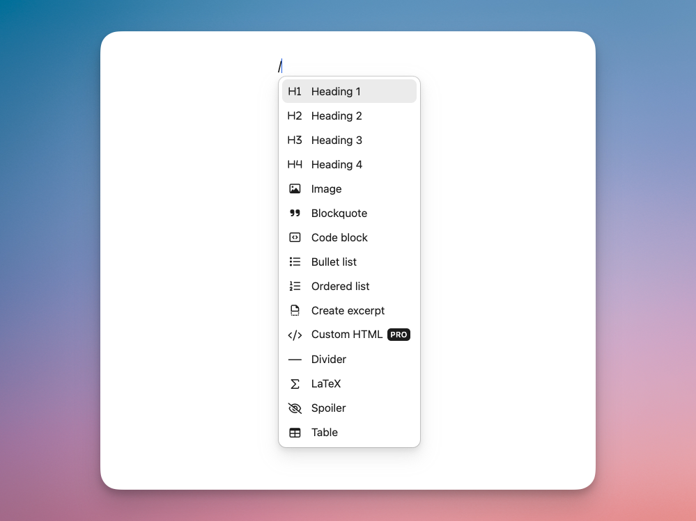A screenshot of the new slash command dropdown in Pika’s editor