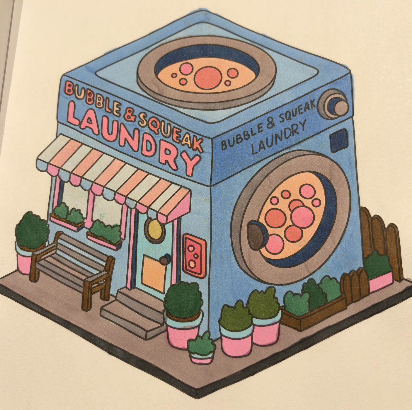 Colorful illustration of a laundry shop with a large washing machine, potted plants, and a striped awning.