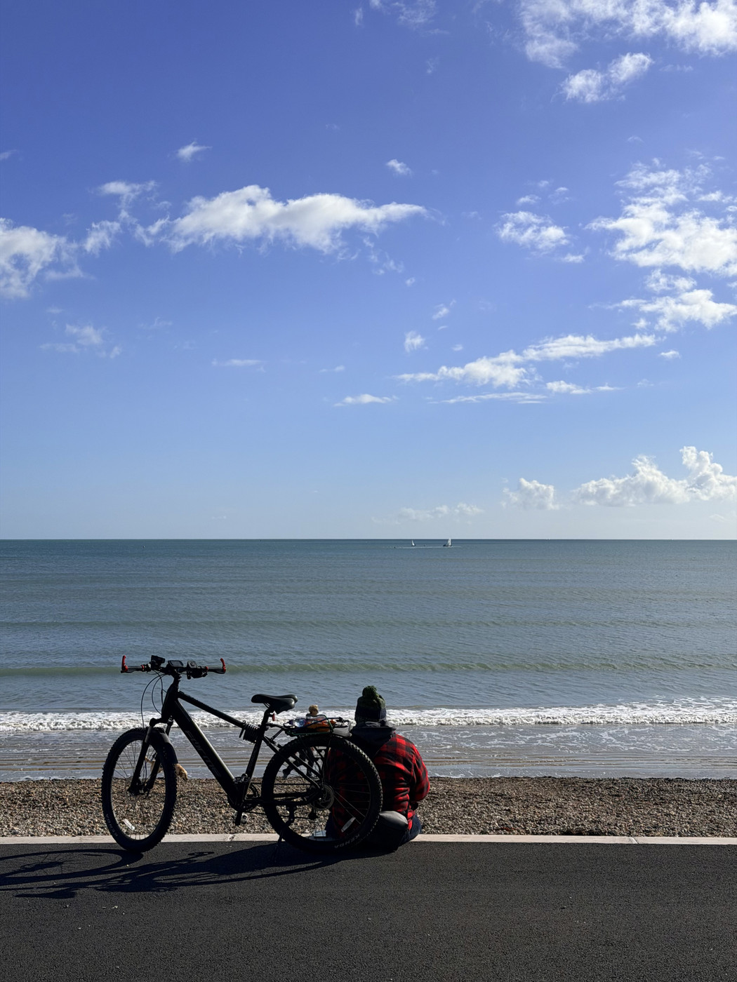 A person sits on a paved path next to a bicycle, looking out at a calm sea under a blue sky with scattered clouds. The scene conveys a peaceful and contemplative mood.