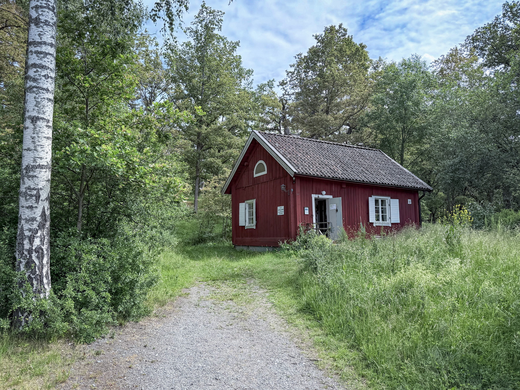 A small red wooden cottage with white window frames at the end of a gravel path, surrounded by tall grass, birch and leafy trees.